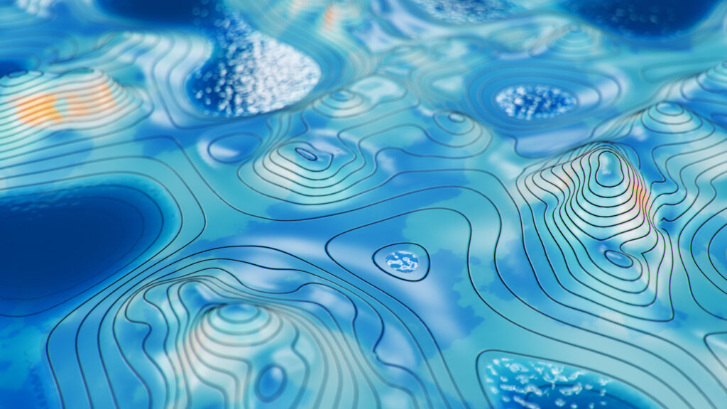 Topographic 3D map with water. Contour lines on a topographic map. Studying the geography of the area: hills, mountains and plains. Cartography concept, mountain hiking. 3d illustration